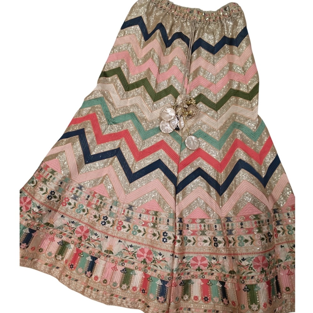 Indian Lehenga Skirt Set Gold Sequin Embroidered Chevron Floral Wedding Dupatta